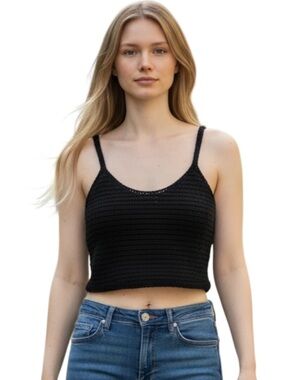 aerie Black Knit Cropped Tank with Spaghetti Straps